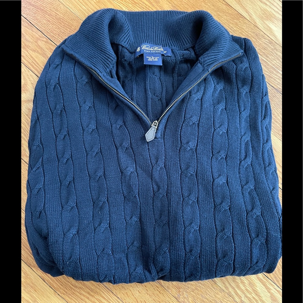 Brooks Brothers Navy Zip Up Cable Knit Sweater - L